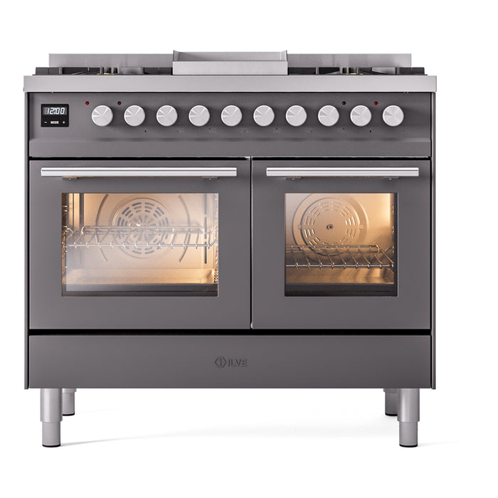 Ilve UPD40FWMPMGLP Professional Plus II 40 in Freestanding Dual Fuel Range, 6 Burner with Griddle, Double Oven, Matte Graphite, Liquid Propane