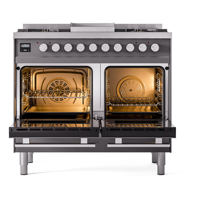 Ilve UPD40FWMPMGLP Professional Plus II 40 in Freestanding Dual Fuel Range, 6 Burner with Griddle, Double Oven, Matte Graphite, Liquid Propane
