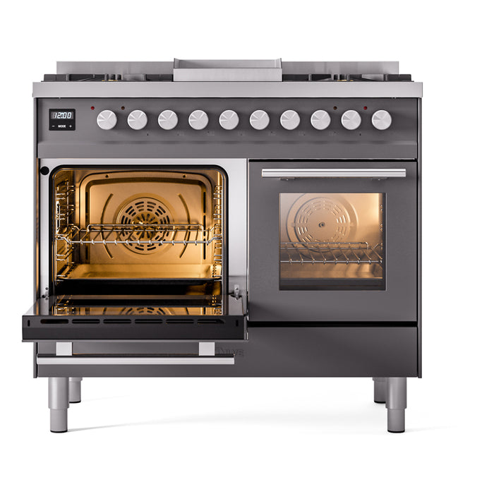Ilve UPD40FWMPMGLP Professional Plus II 40 in Freestanding Dual Fuel Range, 6 Burner with Griddle, Double Oven, Matte Graphite, Liquid Propane