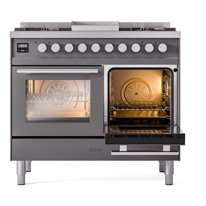Ilve UPD40FWMPMGLP Professional Plus II 40 in Freestanding Dual Fuel Range, 6 Burner with Griddle, Double Oven, Matte Graphite, Liquid Propane