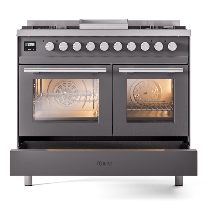 Ilve UPD40FWMPMGLP Professional Plus II 40 in Freestanding Dual Fuel Range, 6 Burner with Griddle, Double Oven, Matte Graphite, Liquid Propane