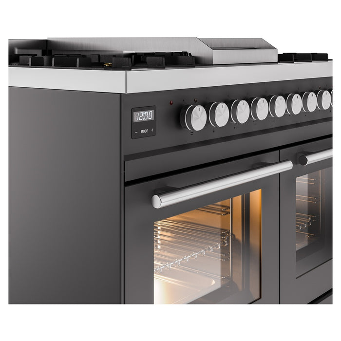 Ilve UPD40FWMPMGLP Professional Plus II 40 in Freestanding Dual Fuel Range, 6 Burner with Griddle, Double Oven, Matte Graphite, Liquid Propane