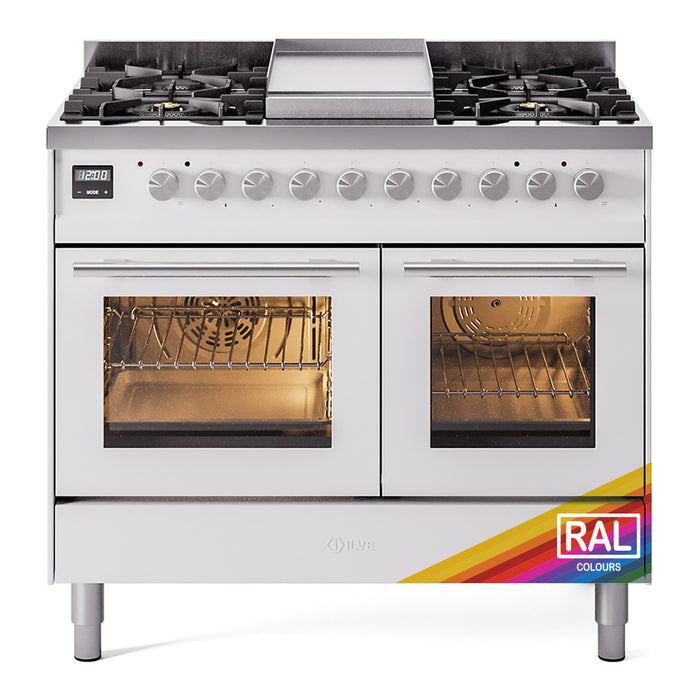 Ilve UPD40FWMPRALP Professional Plus II 40 in Freestanding Dual Fuel Range, 6 Burner with Griddle, Double Oven, RAL Custom Color, Liquid Propane