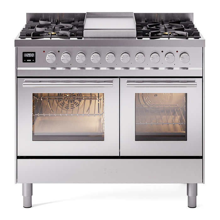 Ilve UPD40FWMPSSLP Professional Plus II 40 in Freestanding Dual Fuel Range, 6 Burner with Griddle, Double Oven, Stainless Steel, Liquid Propane