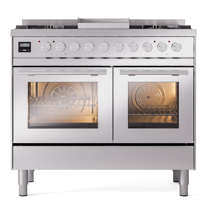 Ilve UPD40FWMPSSLP Professional Plus II 40 in Freestanding Dual Fuel Range, 6 Burner with Griddle, Double Oven, Stainless Steel, Liquid Propane