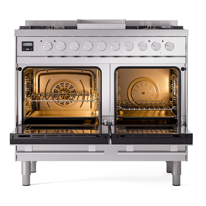 Ilve UPD40FWMPSSLP Professional Plus II 40 in Freestanding Dual Fuel Range, 6 Burner with Griddle, Double Oven, Stainless Steel, Liquid Propane