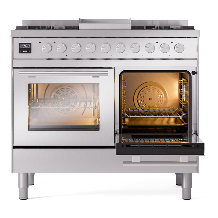 Ilve UPD40FWMPSSLP Professional Plus II 40 in Freestanding Dual Fuel Range, 6 Burner with Griddle, Double Oven, Stainless Steel, Liquid Propane