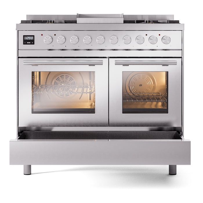 Ilve UPD40FWMPSSLP Professional Plus II 40 in Freestanding Dual Fuel Range, 6 Burner with Griddle, Double Oven, Stainless Steel, Liquid Propane