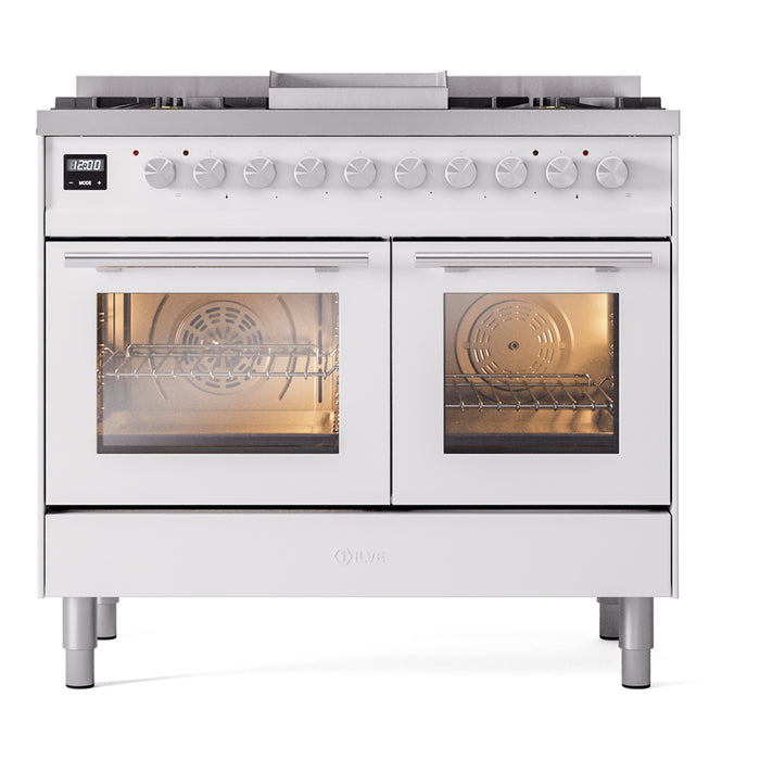 Ilve UPD40FWMPWHLP Professional Plus II 40 in Freestanding Dual Fuel Range, 6 Burner with Griddle, Double Oven, White, Liquid Propane