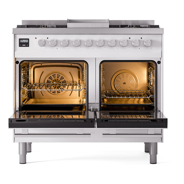 Ilve UPD40FWMPWHLP Professional Plus II 40 in Freestanding Dual Fuel Range, 6 Burner with Griddle, Double Oven, White, Liquid Propane