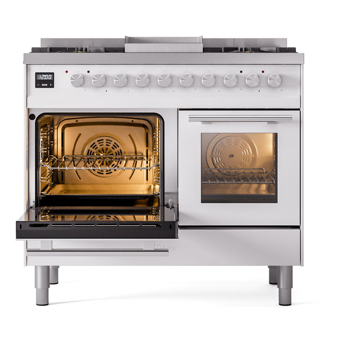 Ilve UPD40FWMPWHLP Professional Plus II 40 in Freestanding Dual Fuel Range, 6 Burner with Griddle, Double Oven, White, Liquid Propane