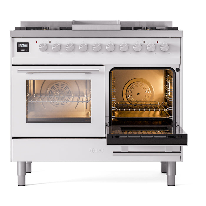 Ilve UPD40FWMPWHLP Professional Plus II 40 in Freestanding Dual Fuel Range, 6 Burner with Griddle, Double Oven, White, Liquid Propane