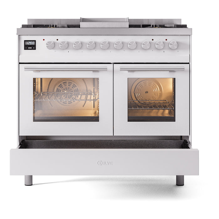 Ilve UPD40FWMPWHLP Professional Plus II 40 in Freestanding Dual Fuel Range, 6 Burner with Griddle, Double Oven, White, Liquid Propane