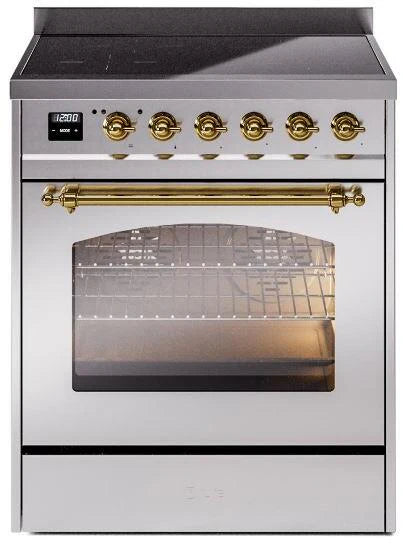 Ilve UPI304NMPSSG 30 in Nostalgie II Induction Range, 4 Elements, Single Oven, Stainless Steel, Brass