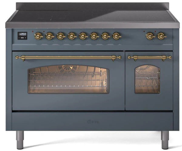 Ilve UPI486NMPBGG 48 in Nostalgie II Induction Range, 6 Elements, Double Oven, Blue Grey, Brass
