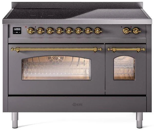 Ilve UPI486NMPMGG 48 in Nostalgie II Induction Range, 6 Elements, Double Oven, Graphite Matte, Brass