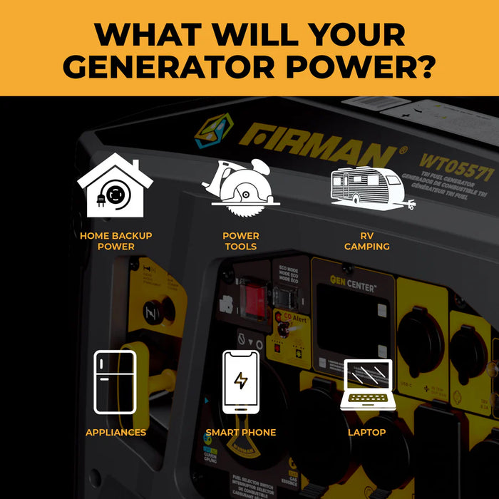Firman Power Equipment WT05571 6850W Tri Fuel Inverter Generator with Electric Start, CO Alert, Gas/Propane/Natural Gas, 120/240V