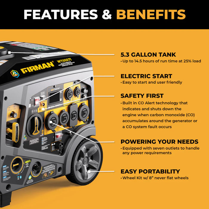 Firman Power Equipment WT05571 6850W Tri Fuel Inverter Generator with Electric Start, CO Alert, Gas/Propane/Natural Gas, 120/240V