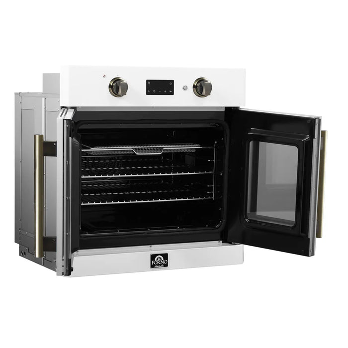 Forno Asti FBOEL1333-30WHT 30" French Door Built-In Electric Wall Oven – 3.68 Cu. Ft., True Convection, White with Antique Brass, 240V