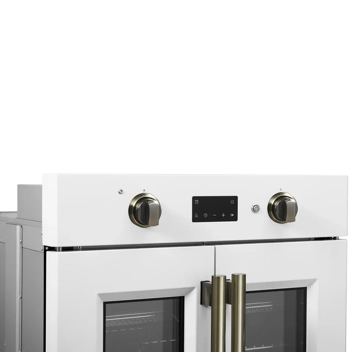 Forno Asti FBOEL1333-30WHT 30" French Door Built-In Electric Wall Oven – 3.68 Cu. Ft., True Convection, White with Antique Brass, 240V