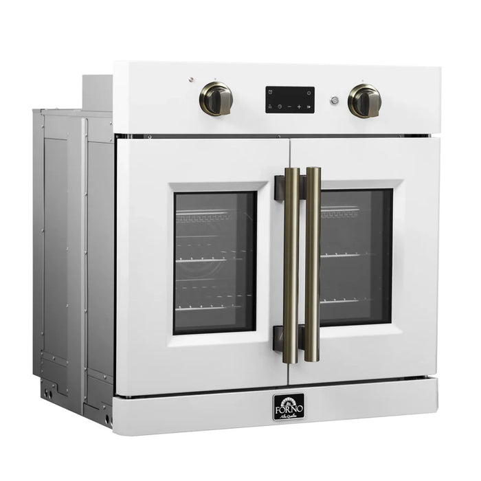 Forno Asti FBOEL1333-30WHT 30" French Door Built-In Electric Wall Oven – 3.68 Cu. Ft., True Convection, White with Antique Brass, 240V