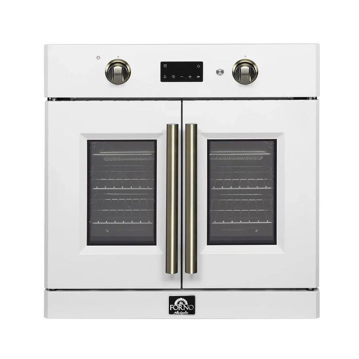 Forno Asti FBOEL1333-30WHT 30" French Door Built-In Electric Wall Oven – 3.68 Cu. Ft., True Convection, White with Antique Brass, 240V