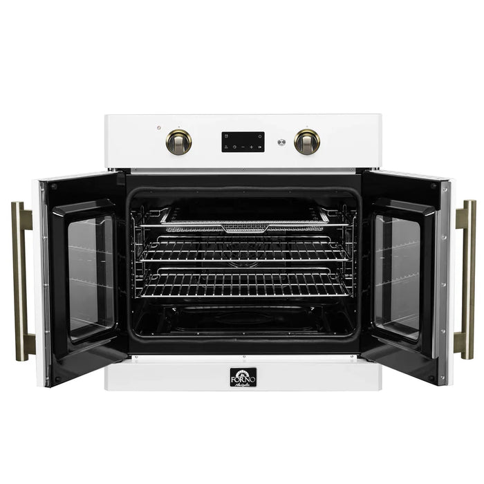 Forno Asti FBOEL1333-30WHT 30" French Door Built-In Electric Wall Oven – 3.68 Cu. Ft., True Convection, White with Antique Brass, 240V