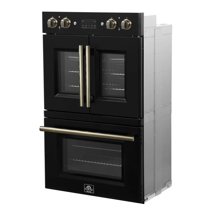 Forno Asti FBOEL1340-30BLK 30" Built-In Double Electric Wall Oven – 7.36 Cu. Ft., Dual True Convection, Black with Antique Brass, 240V