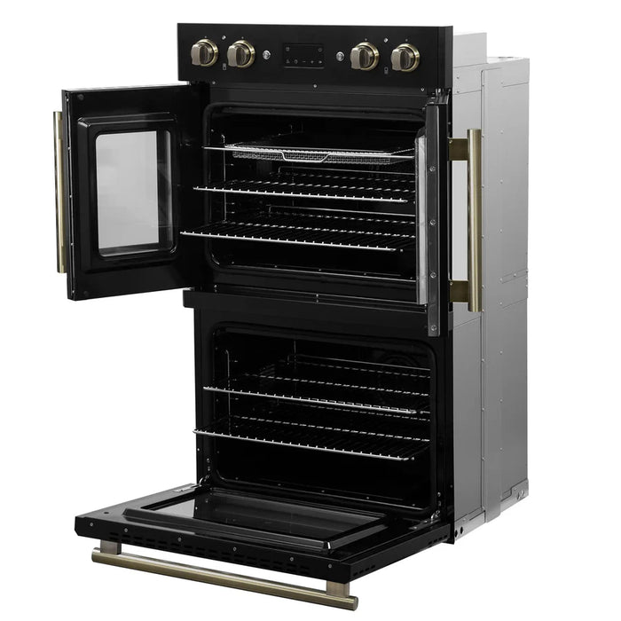 Forno Asti FBOEL1340-30BLK 30" Built-In Double Electric Wall Oven – 7.36 Cu. Ft., Dual True Convection, Black with Antique Brass, 240V