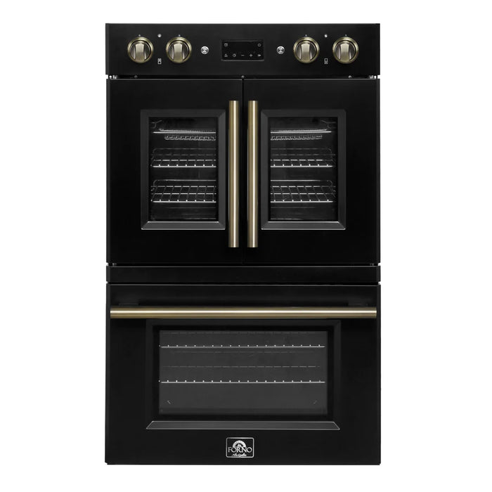 Forno Asti FBOEL1340-30BLK 30" Built-In Double Electric Wall Oven – 7.36 Cu. Ft., Dual True Convection, Black with Antique Brass, 240V