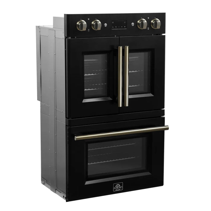 Forno Asti FBOEL1340-30BLK 30" Built-In Double Electric Wall Oven – 7.36 Cu. Ft., Dual True Convection, Black with Antique Brass, 240V