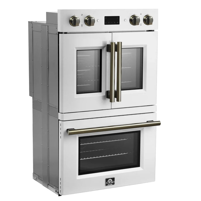 Forno Asti FBOEL1340-30WHT 30" Built-In Double Electric Wall Oven – 7.36 Cu. Ft., Dual True Convection, White with Antique Brass, 240V