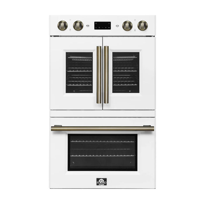 Forno Asti FBOEL1340-30WHT 30" Built-In Double Electric Wall Oven – 7.36 Cu. Ft., Dual True Convection, White with Antique Brass, 240V