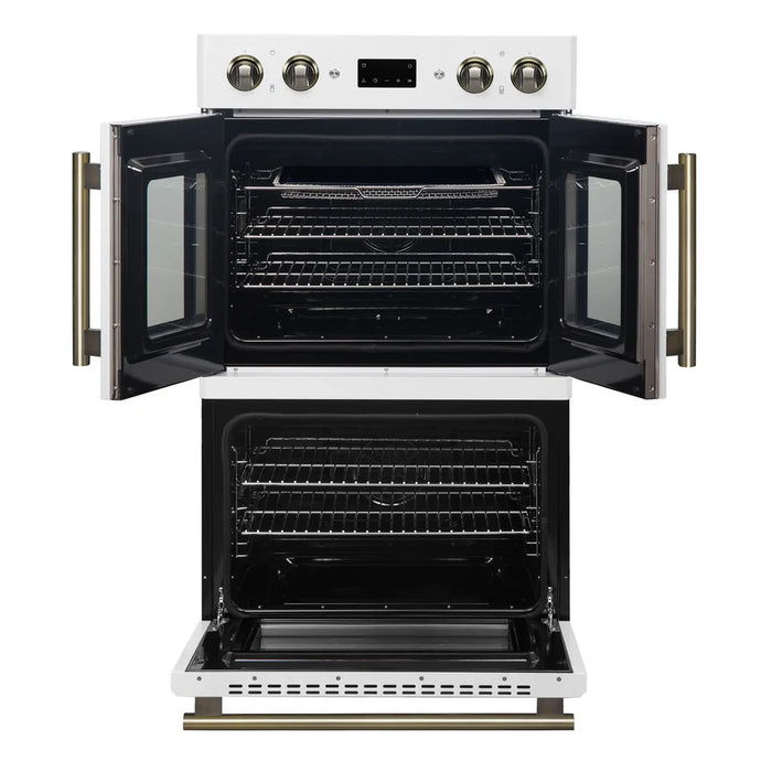 Forno Asti FBOEL1340-30WHT 30" Built-In Double Electric Wall Oven – 7.36 Cu. Ft., Dual True Convection, White with Antique Brass, 240V