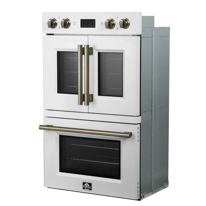 Forno Asti FBOEL1340-30WHT 30" Built-In Double Electric Wall Oven – 7.36 Cu. Ft., Dual True Convection, White with Antique Brass, 240V