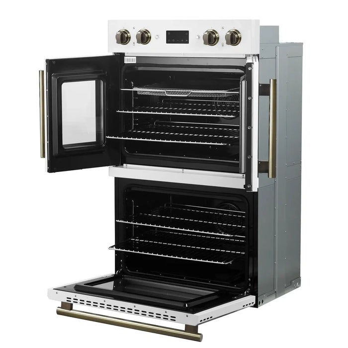 Forno Asti FBOEL1340-30WHT 30" Built-In Double Electric Wall Oven – 7.36 Cu. Ft., Dual True Convection, White with Antique Brass, 240V