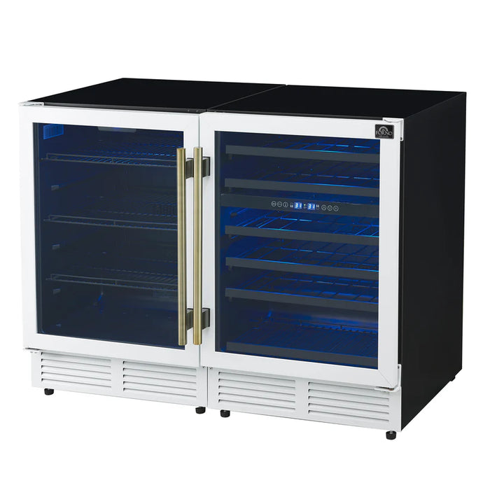 Forno FWCDR6699‑48WHT 48″ Dual Zone Wine & Beverage Cooler Combination, White with Antique Brass Handles, Built-In or Freestanding