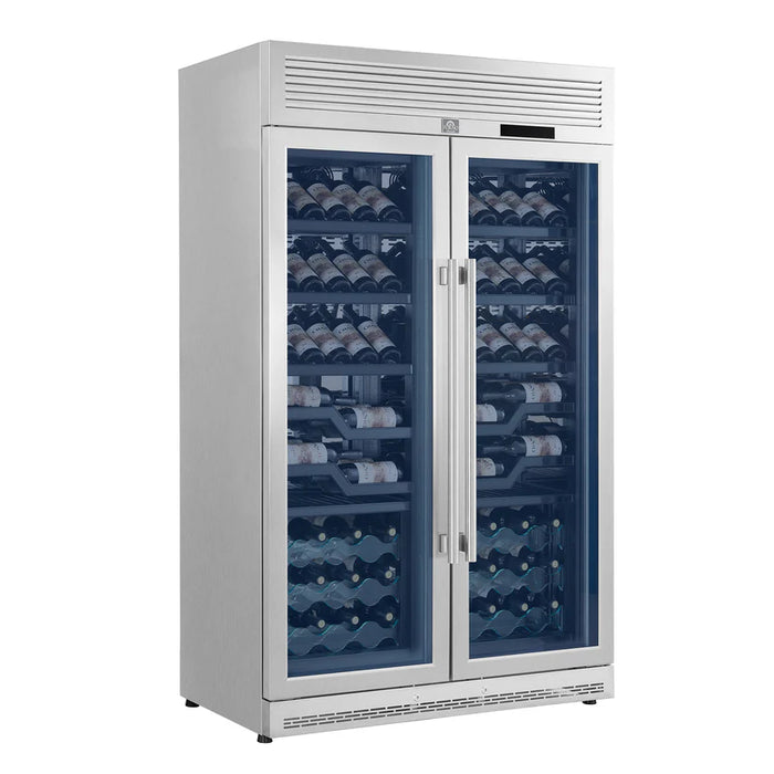 Forno Abruzzo FWCDR6610‑48S 48″ Dual Zone Wine Cellar, Stainless Steel, 102 Bottles, 24 cu.ft, Green Acrylic Holders & Black Shelves, Built-In or Freestanding