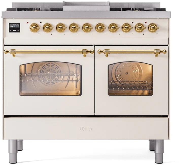 Ilve UPD40FNMPAWGLP 40 in Nostalgie II Dual Fuel Range, 6 Burners, Griddle, Double Oven, Antique White, Brass, LP Gas