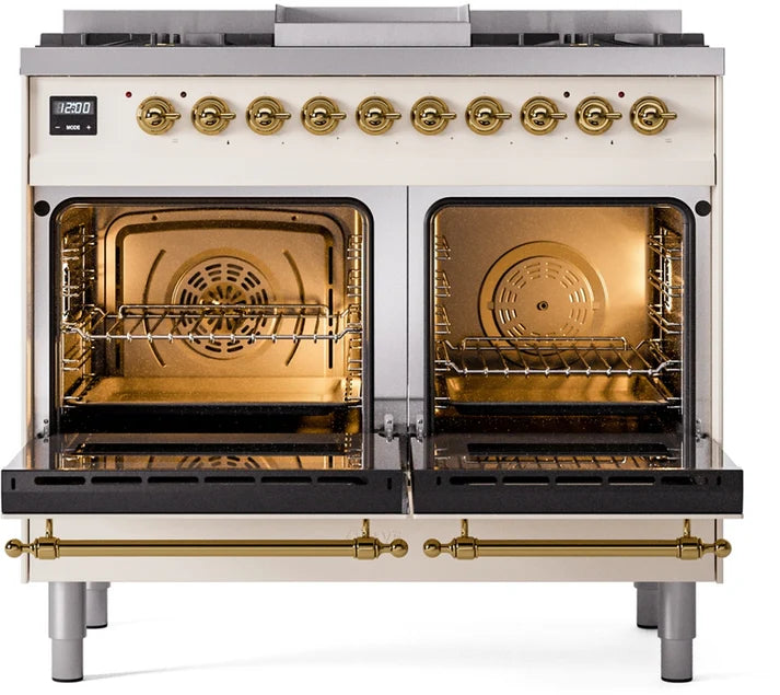 Ilve UPD40FNMPAWGLP 40 in Nostalgie II Dual Fuel Range, 6 Burners, Griddle, Double Oven, Antique White, Brass, LP Gas