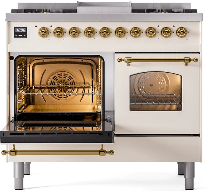 Ilve UPD40FNMPAWGLP 40 in Nostalgie II Dual Fuel Range, 6 Burners, Griddle, Double Oven, Antique White, Brass, LP Gas