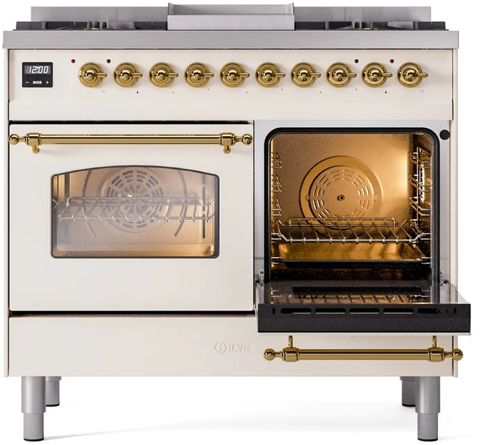 Ilve UPD40FNMPAWGLP 40 in Nostalgie II Dual Fuel Range, 6 Burners, Griddle, Double Oven, Antique White, Brass, LP Gas
