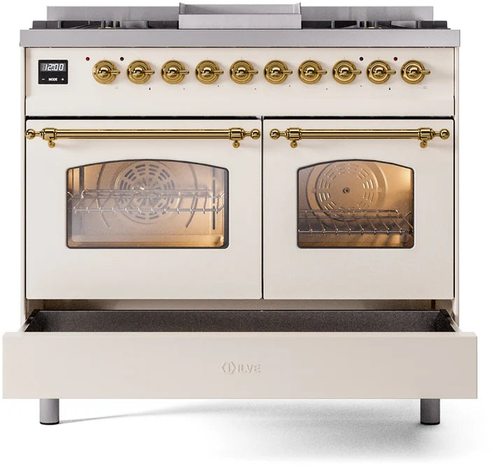 Ilve UPD40FNMPAWGLP 40 in Nostalgie II Dual Fuel Range, 6 Burners, Griddle, Double Oven, Antique White, Brass, LP Gas