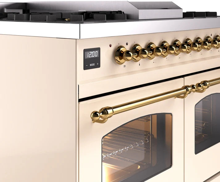 Ilve UPD40FNMPAWGLP 40 in Nostalgie II Dual Fuel Range, 6 Burners, Griddle, Double Oven, Antique White, Brass, LP Gas
