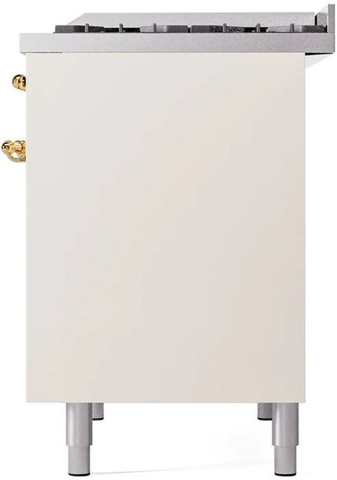 Ilve UPD40FNMPAWGLP 40 in Nostalgie II Dual Fuel Range, 6 Burners, Griddle, Double Oven, Antique White, Brass, LP Gas