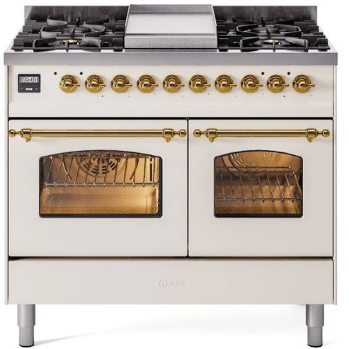 Ilve UPD40FNMPAWGLP 40 in Nostalgie II Dual Fuel Range, 6 Burners, Griddle, Double Oven, Antique White, Brass, LP Gas