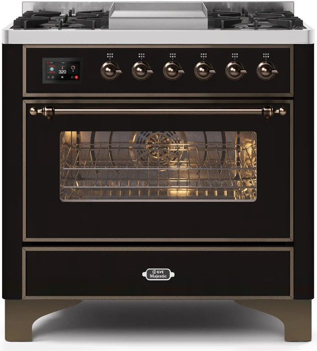 Ilve UM09FDNS3BKB Majestic II 36-Inch Freestanding Dual Fuel Range – 6 Brass Burners, Griddle, Convection Oven, Glossy Black with Bronze Trim