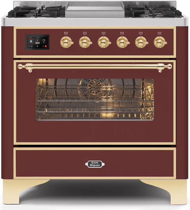 Ilve UM09FDNS3BUG Majestic II 36-Inch Freestanding Dual Fuel Range with 6 Brass Burners, Griddle, Electric Convection Oven, TFT Display, Warming Drawer – Burgundy with Brass Trim