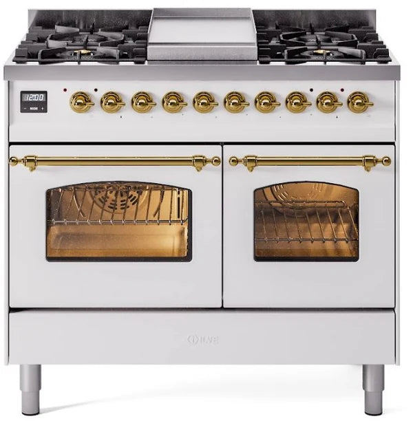 Ilve UPD40FNMPWHG 40 in Nostalgie II Dual Fuel Range, 6 Burners, Griddle, Double Oven, White, Brass, NG