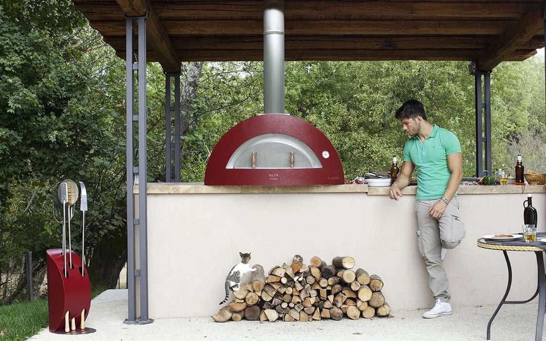 Alfa Allegro 39″ Wood-Fired Outdoor Pizza Oven FXALLE-LROA-T – Antique Red, Forninox, 5-Pizza Capacity, 1,000 °F Max Temp